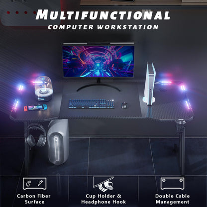 DLONGONE 120 x 60cm RGB Gaming Desk, Large Gaming Table for Laptop, Home Office Desk with Carbon Fiber Coated, Gaming PC Desk with Headphone Hook and