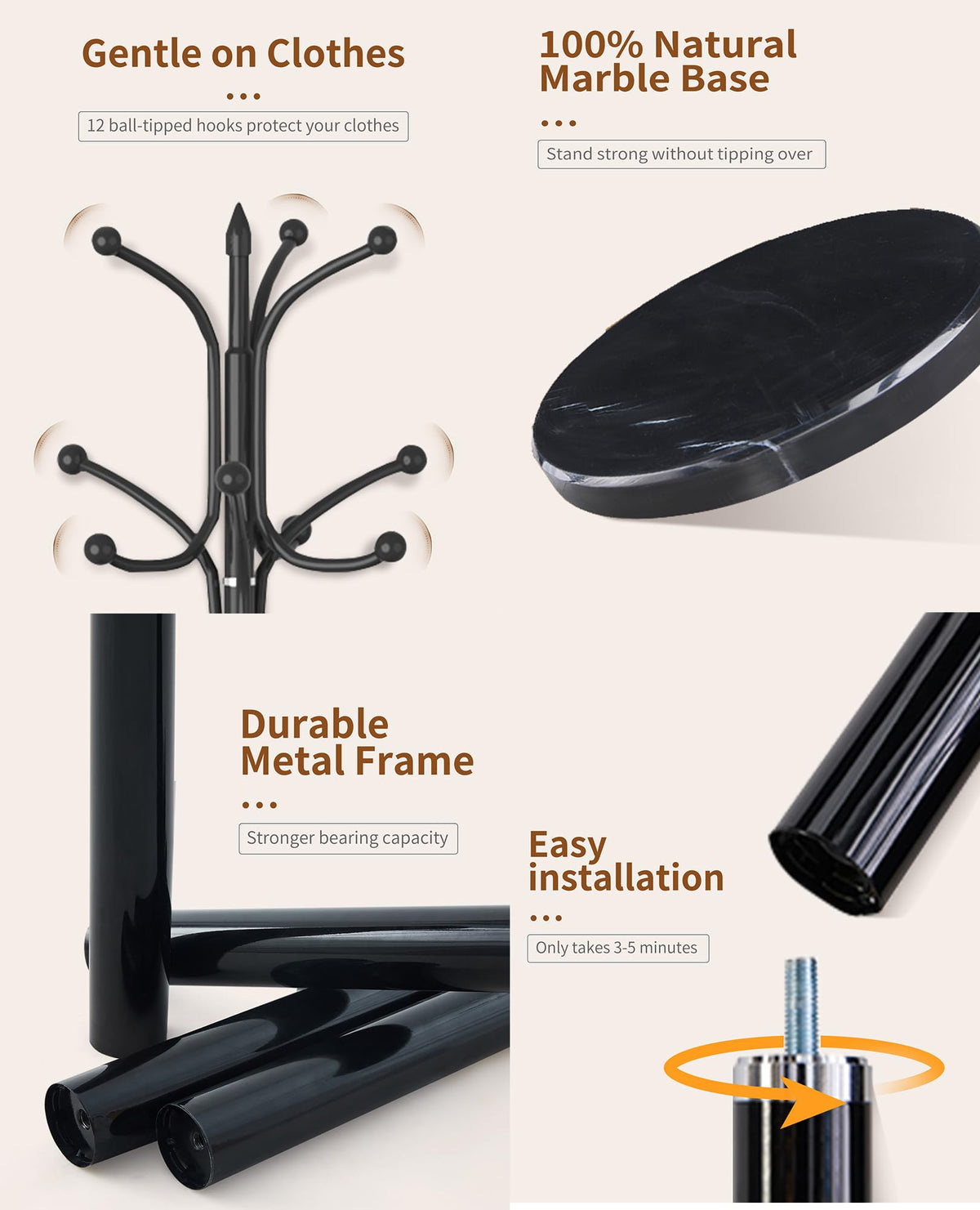 Snaikor Metal Coat Rack Freestanding, Sturdy Coat Rack Stand with Natural Marble Base