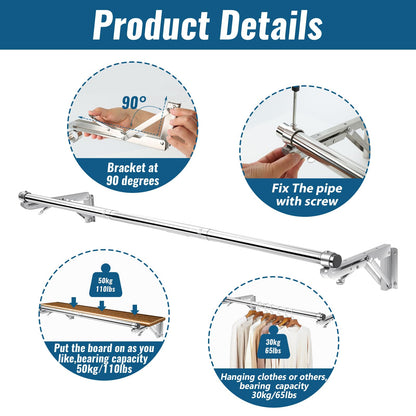 Foldable Wall Mounted Clothes Rack-44'' Long Rod&2 Bases,Stainless Steel, Heavy Duty,Detachable,Multi-Purpose for Space-Saving Garment Rack/Clothes