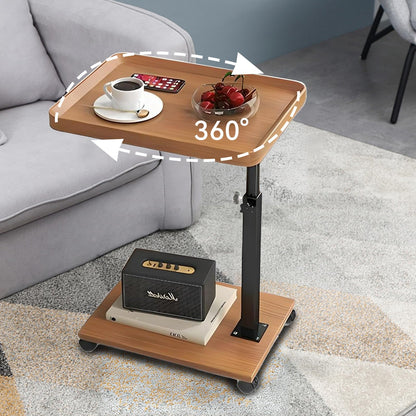 Gelory C-Shaped Side Table with 4 Wheels Adjustable Sofa End Tables, Wood