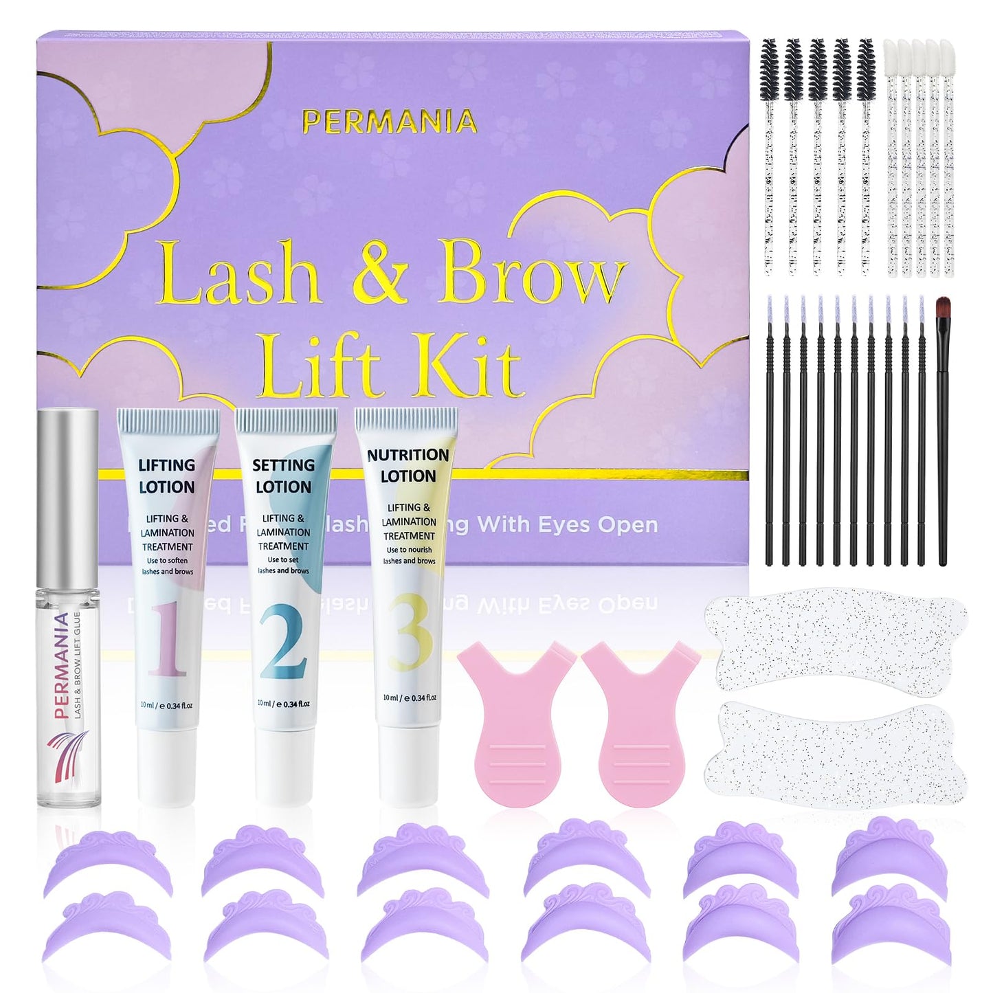 PERMANIA Eyelash Lift Kit at Home ? DIY Lash Perm Set with Upgraded Open-Eye Silicone Pads, Curl & Lift Both Eyes at Once, Gentle Formula with