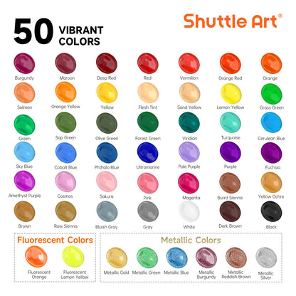 Shuttle Art Acrylic Paint, 50 Colours 2oz/60ml Acrylic Paints Set with 10 Brushes, Water-proof, Premium Acrylic Paints for Artists, Beginners and Kids