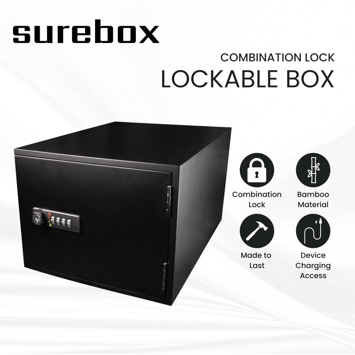 surebox Bamboo Lockable Box - 4-Digit Combination Lock & Charging Access
