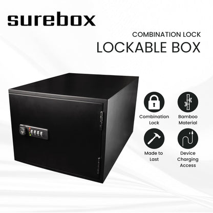 surebox Bamboo Lockable Box - 4-Digit Combination Lock & Charging Access
