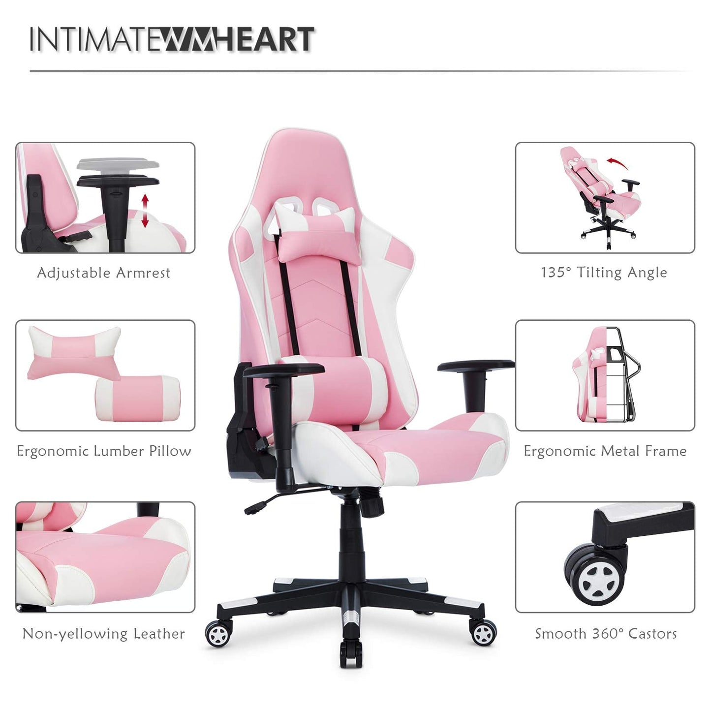 IntimaTe WM Heart Gaming Chair,Ergonomic Racing Chair,Adjustable High Back PC Gaming Chair with Arms and Back Support,Swivel Leather Desk Chair with