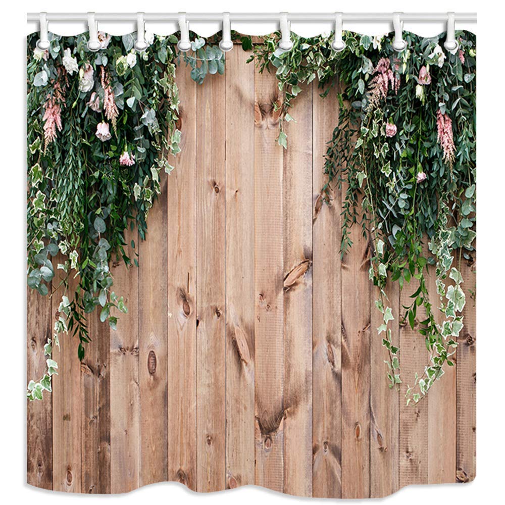 JOOCAR Bathroom Decorative, Wooden Fence Fresh Spring Greens Flowers and Leaf Plant on Wood Board, Waterproof Polyester Fabric Shower Curtain with 12