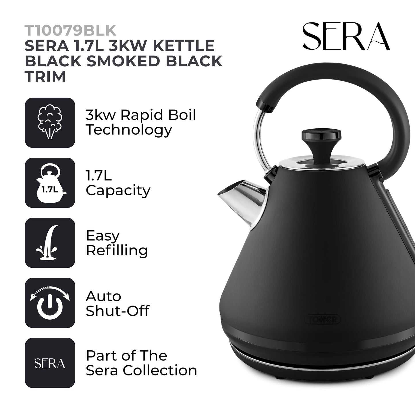 Tower T10079BLK Sera Pyramid Kettle with Smoked Black Trim, 1.7L, 3KW, Black