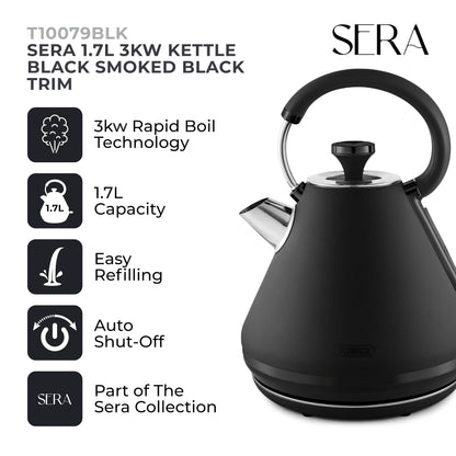 Tower T10079BLK Sera Pyramid Kettle with Smoked Black Trim, 1.7L, 3KW, Black