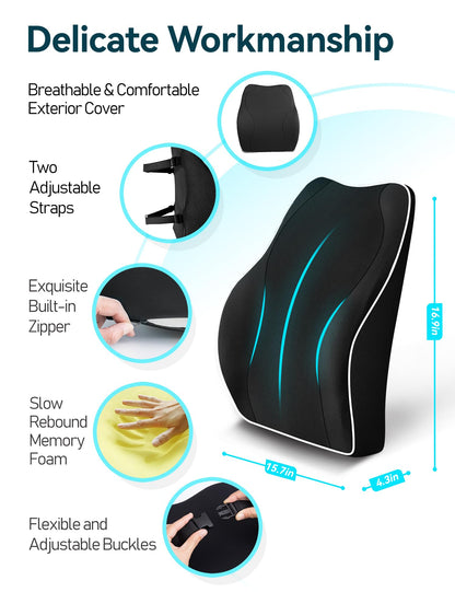 Travel Ease Ergonomic Lumbar Support Cushion, Memory Foam Back Support Cushion for Office Chairs with Skin-friendly Cover for Comfort (Black)