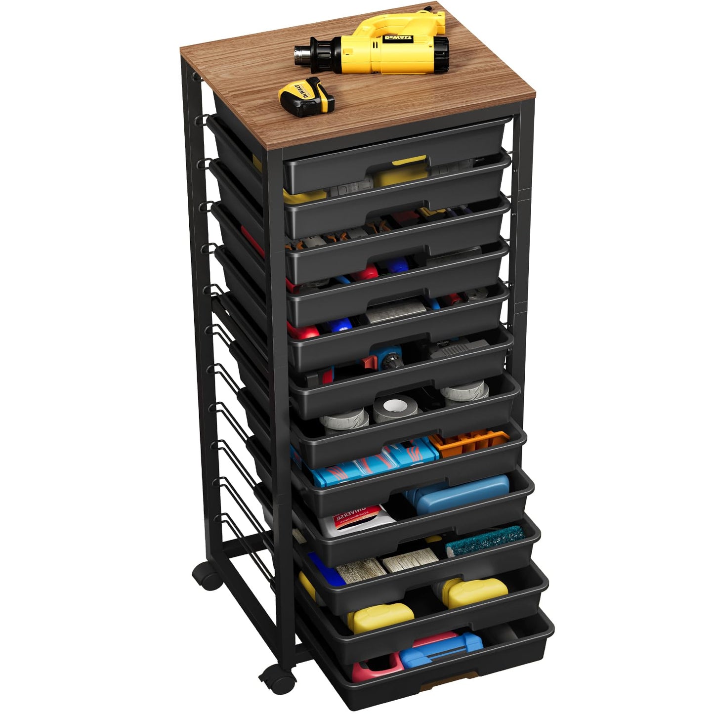 SYKIARIOL 12-Drawer Storage Trolley Rolling Cart with Wooden Top, Black