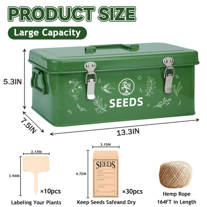 QINSDESIGNS Seed Storage Box, Seed Storage Organizer with Garden String, 30 Seed Envelopes and Bamboo Plant Labels