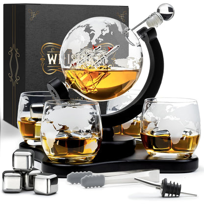 WHISISKEY - Whiskey Decanter Set - 900ML Globe Carafe - Whiskey Gift Sets for Men - Whisky Set - Glass Gifts for Men - Inc. 4 Whiskey Glasses, 4