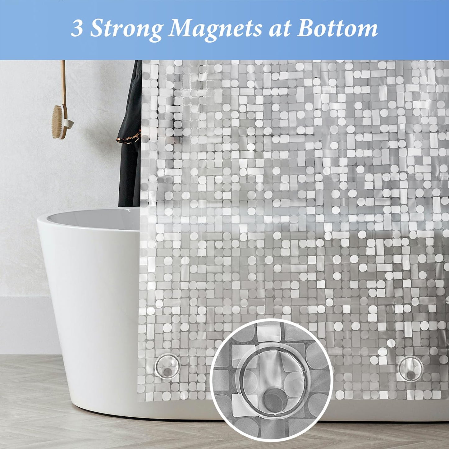 LEMON CLOUD Shower Curtain, PEVA Waterproof and Mould Resistant, Weighted Hem Bathroom Curtains with 3 Magnets and 12 White Plastic Hooks