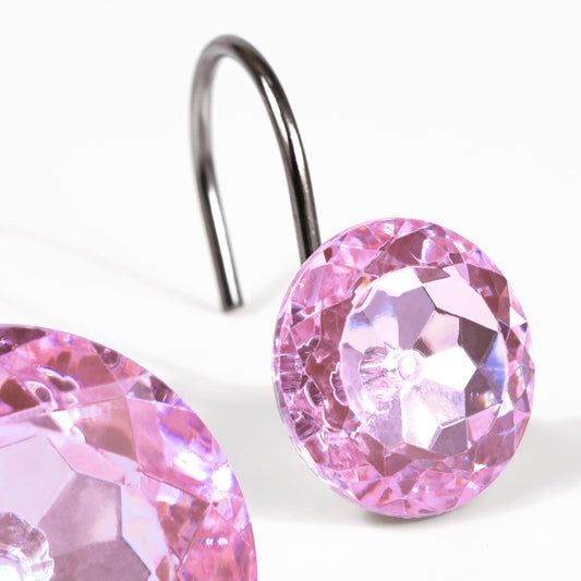 Popkozzi Pink Crystal Shower Curtain Hooks: Bling Glitter Sparkle Shiny Round Diamond Decorative Shower Curtain Rings for Bathroom - Luxury Fancy Glam
