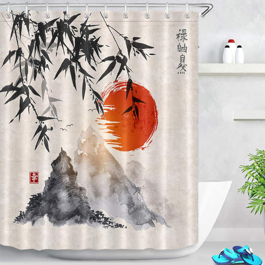 LB Sumi-e Japanese Shower Curtain 59x71 inch Chinese Ink Painting Bath Curtain Bamboo Mountain Red Sun Bathroom Decor with Hooks,Waterproof Anti Mould