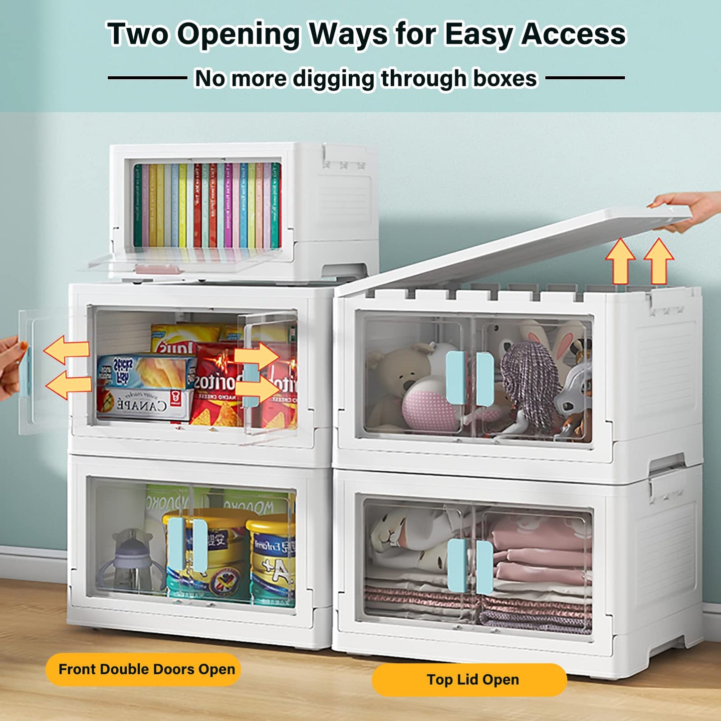 BTGGG 3 Pack Stackable Storage Boxes Large 50L*3 Foldable Collapsible Clear Storage Boxes Organizer 50 * 36 * 90cm, Front Door Opening for Easy