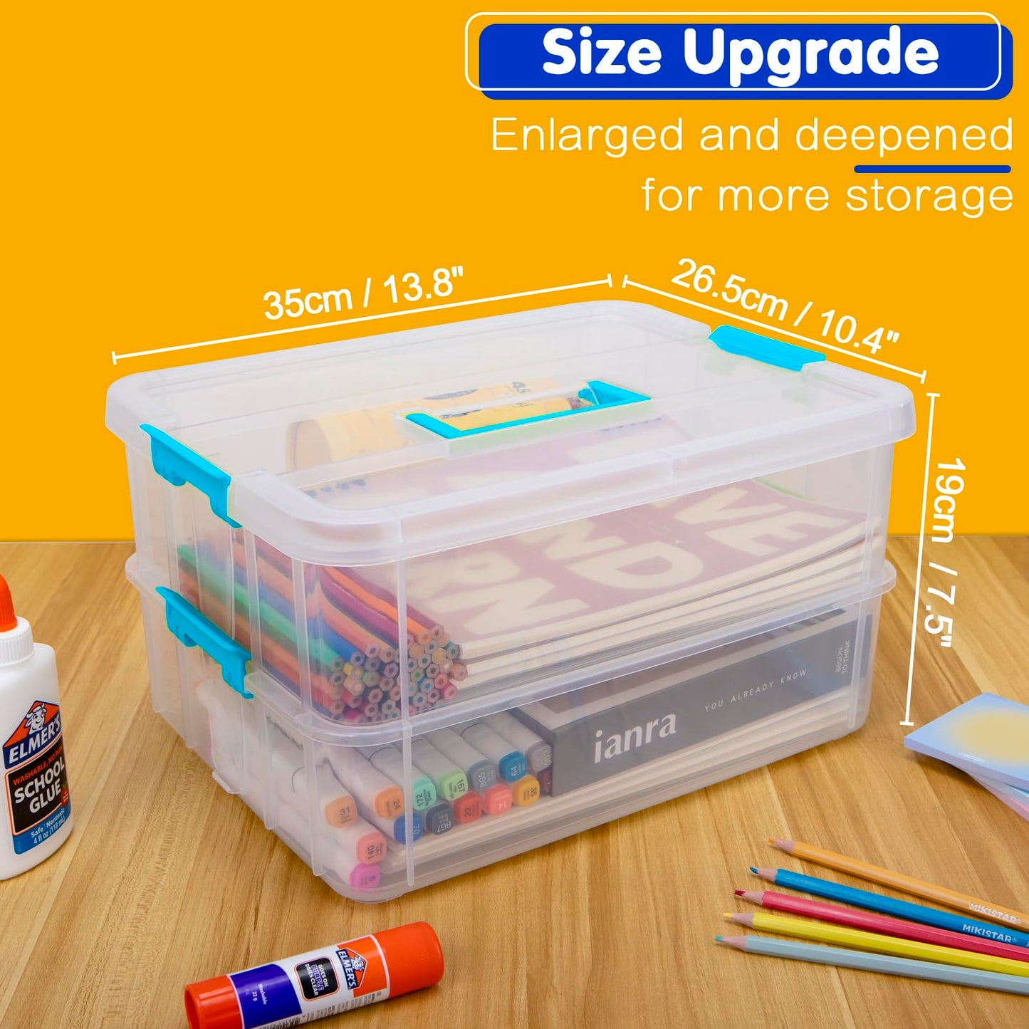 Creahaus 2 Layer Plastic Storage Containers with Lids, Multipurpose Clear Stack & Carry Box