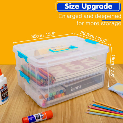 Creahaus 2 Layer Plastic Storage Containers with Lids, Multipurpose Clear Stack & Carry Box