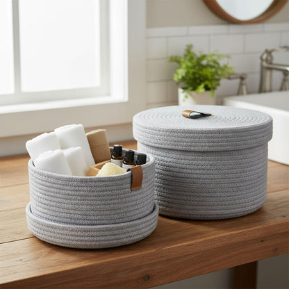 Set of 2 Storage Basket with Lid, Round Cotton Rope Decorative Basket with Leather Handles, Multifunctional Woven Baskets for Shelves, Bedroom