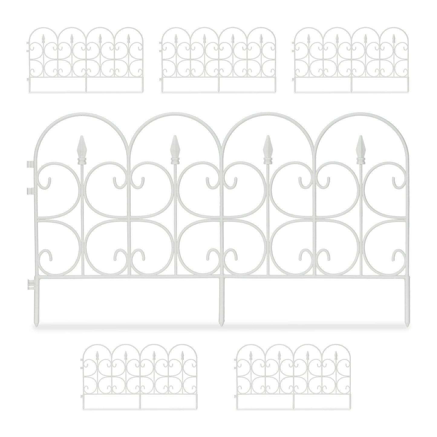 Relaxdays Weatherproof Plastic Flowerbed Fence, 30 cm Tall, Ornate Lawn Enclosure with Spikes, 6-Pc Set, 4m, White