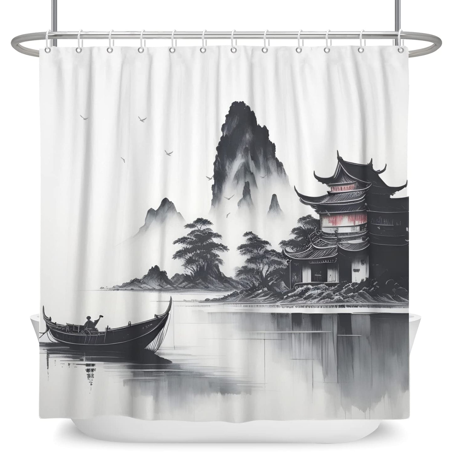 SDOTPMT 105x160cm Japanese Asian Ink Painting Shower Curtain Foggy Mountain Boat Wild Goose Bathtub Curtain Outdoor Natural Scenery Bath Curtain for