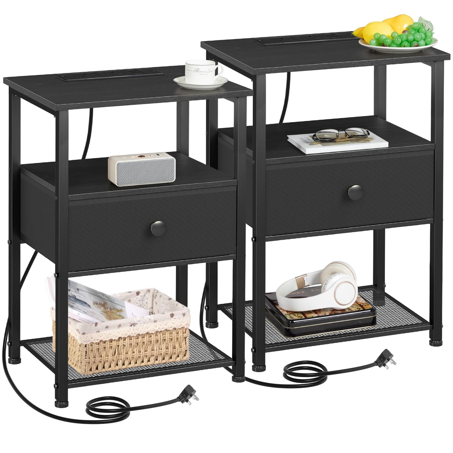 AMHANCIBLE Bedside Table Set of 2 with Charging Station, Nightstand with Fabric Drawer, Small Side Table with Open Storage Shelf, Bedside Cabinets for