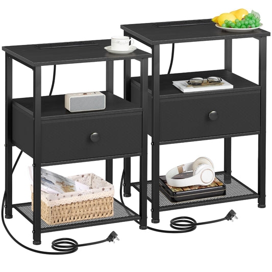 AMHANCIBLE Bedside Table Set of 2 with Charging Station, Nightstand with Fabric Drawer, Small Side Table with Open Storage Shelf, Bedside Cabinets for