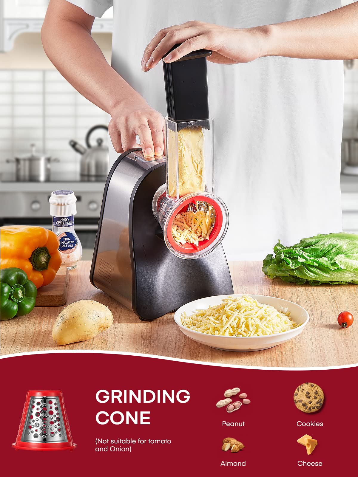 FOHERE 4 in 1 Electric Vegetable Grater 150W Electric Grater for Fruit and Vegetables, Multi Salad Maker with 4 Interchangeable Cones Ideal for