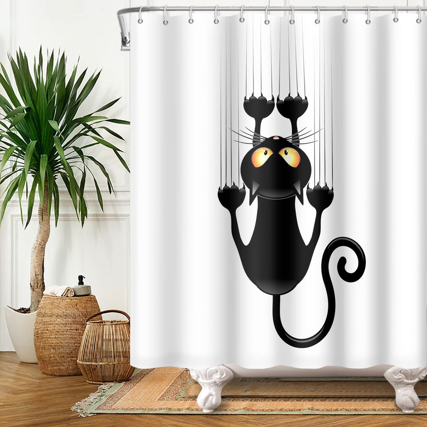 SDOTPMT 122x183cm Black Cat with Sharp Paws Shower Curtain Cute Funny Cat Kitty Bath Curtain White Background Bathtub Curtain for Child Bathroom