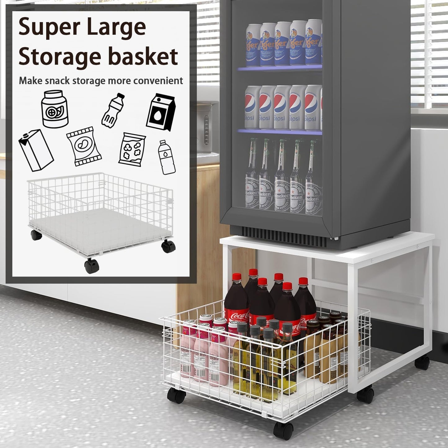 PUNCIA Mobile Mini Fridge Stand with Large Capacity Storage Portable Refrigerator Table with 4 Lockable Wheels Appliance Platform Table with Drawer