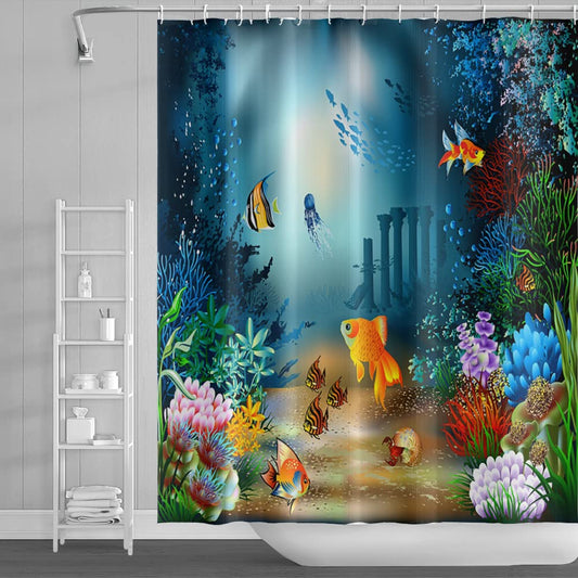 SDOTPMT 180x180cm Cute Tropical Fish Shower Curtain Green Seaweed Colorful Coral Bath Curtain Maine Creature Underwater Scenery Bathtub Curtain for