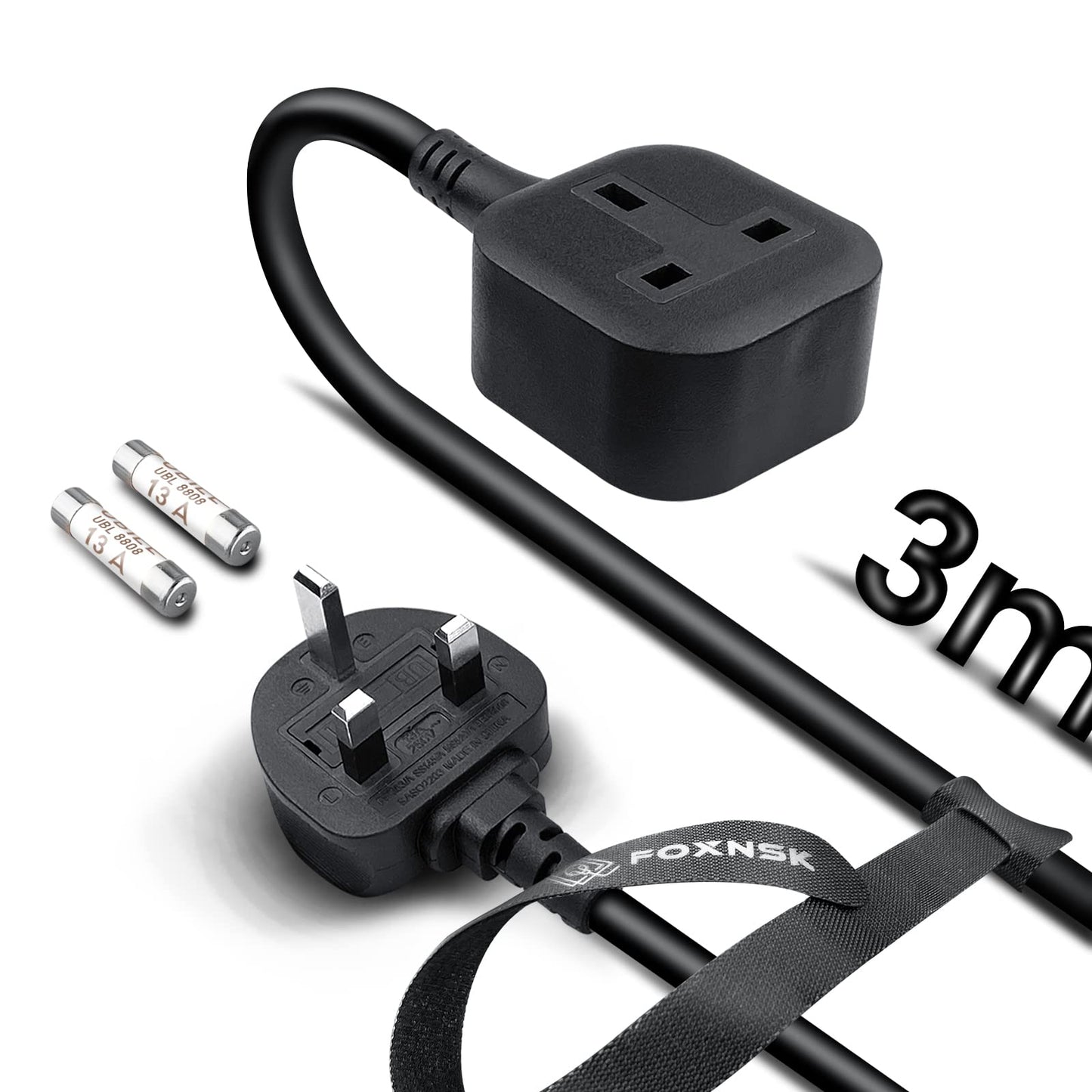 Single Extension Lead 3M, 1 Way Gang Plug Socket Surge Protected, 13amp 250V 3kw UK 3 Pin Fused Mains, Rubber, Tough and Fireproof, Black