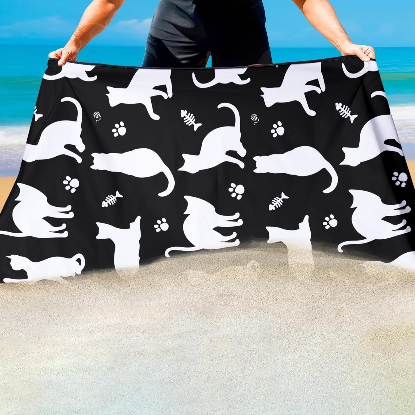 Violetpos Black White Cat Silhouette Beach Towel, Extra Large 180x90 cm 250GSM Microfibre, Sand Free Quick Dry