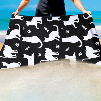 Violetpos Black White Cat Silhouette Beach Towel, Extra Large 180x90 cm 250GSM Microfibre, Sand Free Quick Dry