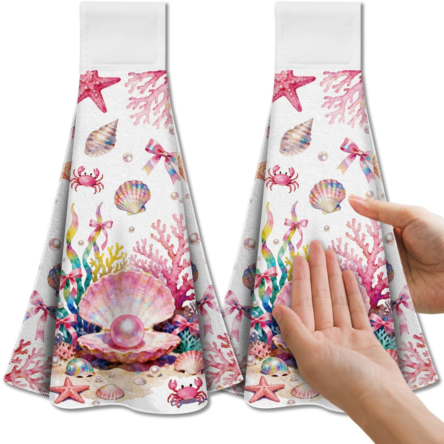CUTHOLLOW 2 Pcs Pink Seashells Hanging Kitchen Towels with Loop