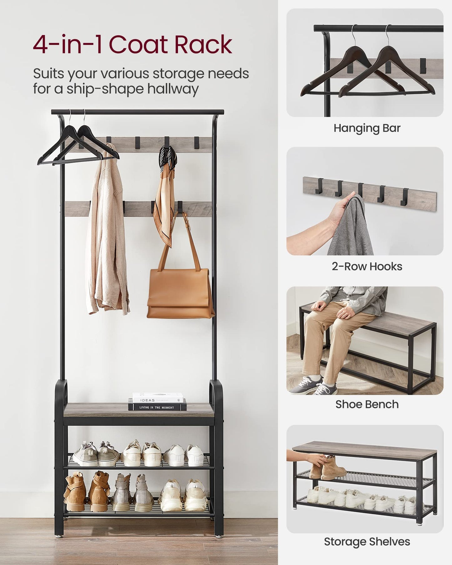 VASAGLE Coat Rack, Coat Stand with Shoe Storage Bench, 4-in-1 Design, with 9 Removable Hooks, a Clothes Rail, for Hallway, Entrance, 34 x 72 x 183 cm,