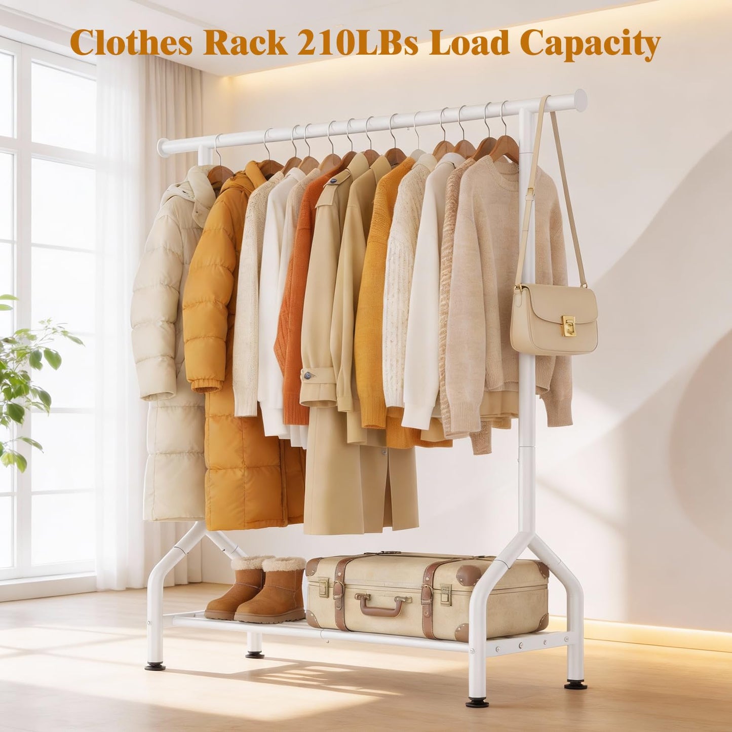 EAGMAK Metal Clothes Rail with Shelf for Hanging Clothes, Sturdy Freestanding Clothes Hanging Rail for Wardrobe & Bedroom Clothing Storage, White