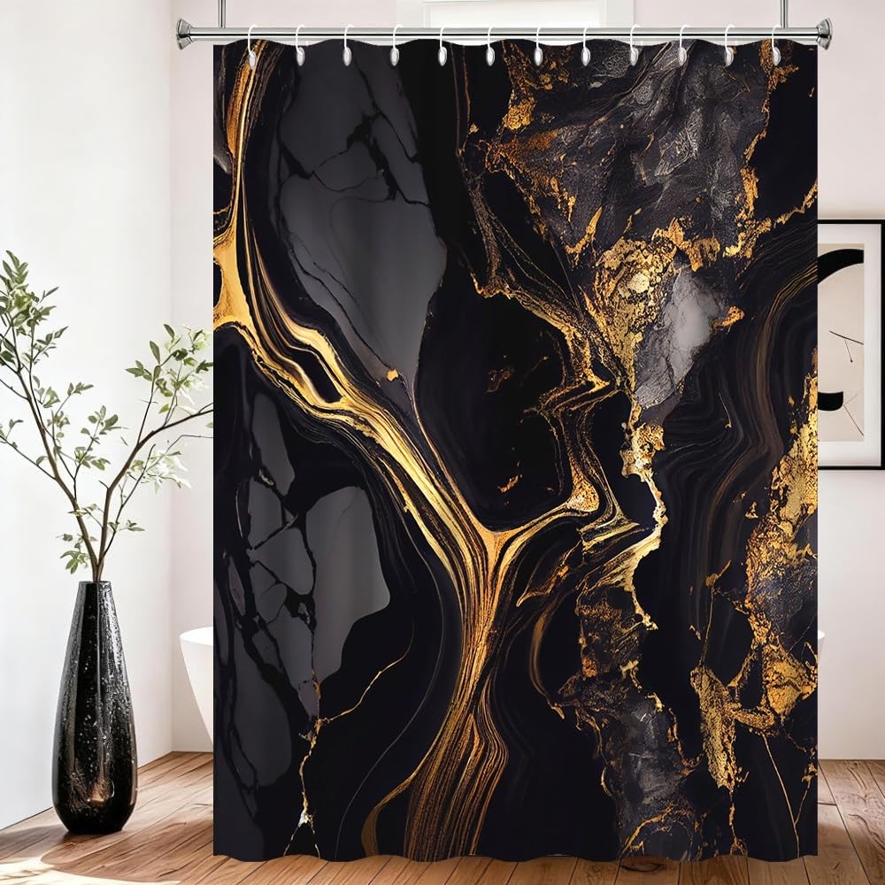 Xiaoterna Marble Shower Curtain Abstract Black Gold Marble Bathroom Curtain Gold Powder Sparkling Modern Luxury Marble Shower Curtain Machine