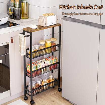 Dazioter Slim Rolling Cart 4 Tier Narrow Storage Cart on Wheels with MDF Board Top and Metal Handle for Small Space Kitchen Living Room Home Office