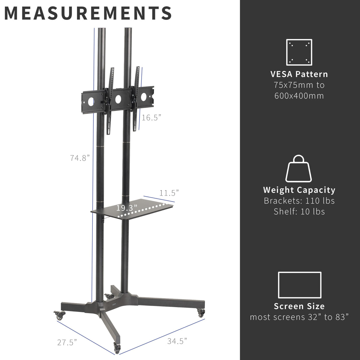 VIVO Tall TV Cart for 32 to 83 inch Screens up to 50kg, LCD LED OLED 4K Smart Flat and Curved Panels, Rolling Stand with Laptop DVD Shelf