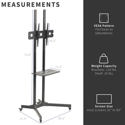 VIVO Tall TV Cart for 32 to 83 inch Screens up to 50kg, LCD LED OLED 4K Smart Flat and Curved Panels, Rolling Stand with Laptop DVD Shelf