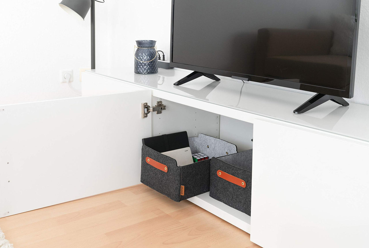 MIQIO® Design Felt Storage Box, Set of 4, with leather handle, 12x10x6 inch, Storage Baskets, Folding Box, Organiser Boxes, Dark Grey