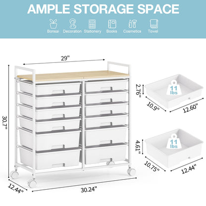 12-Drawer Craft Organizer Trolley Cart with Wooden Top, White