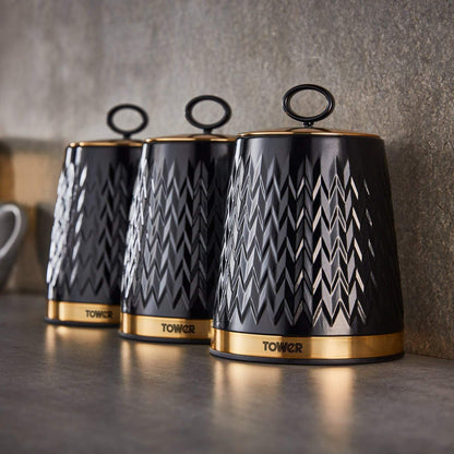 Tower T826091BLK Empire Set of 3 Storage Canisters for Tea Coffee Sugar, 1.3L, Black and Brass