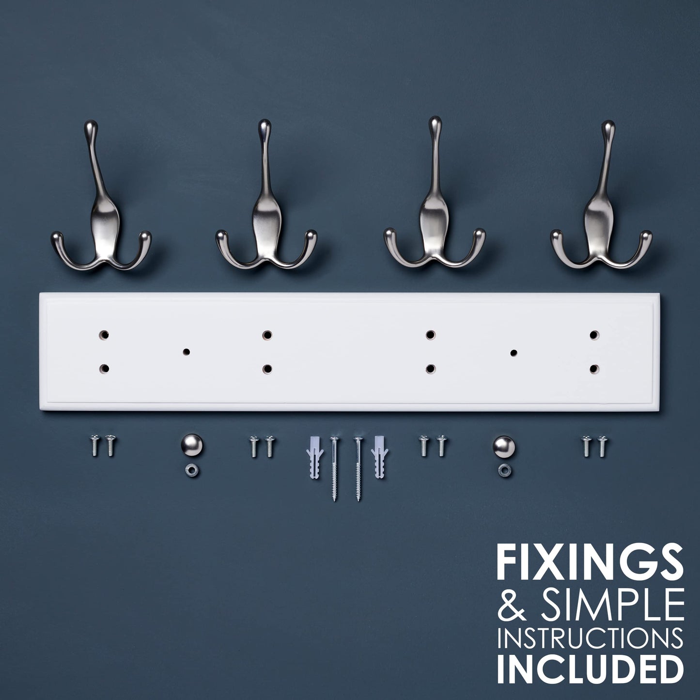 LARHN White Wall-Mounted Coat Rack, 2-Pack - 4 Matt-Nickel Coat Hooks, 42cm