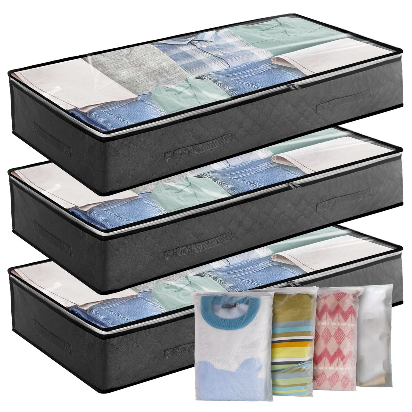 Cleaneaty Underbed Storage Bag 3Pack 90L Large Under Bed Storage Box with 4 x Large Zip lock Bags with PVC Window for Clothes, Duvets, Comforters