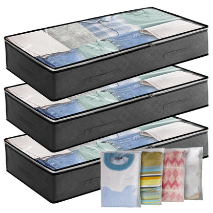 Cleaneaty Underbed Storage Bag 3Pack 90L Large Under Bed Storage Box with 4 x Large Zip lock Bags with PVC Window for Clothes, Duvets, Comforters