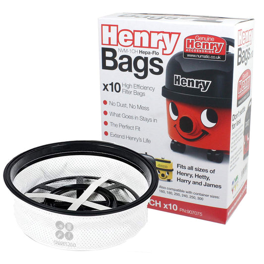 Genuine Numatic Hepa-Flo Cloth Dust Bags + 12" Compatible Main Filter for Henry Hetty James Vacuum Cleaner (Pack of 10 Bags)