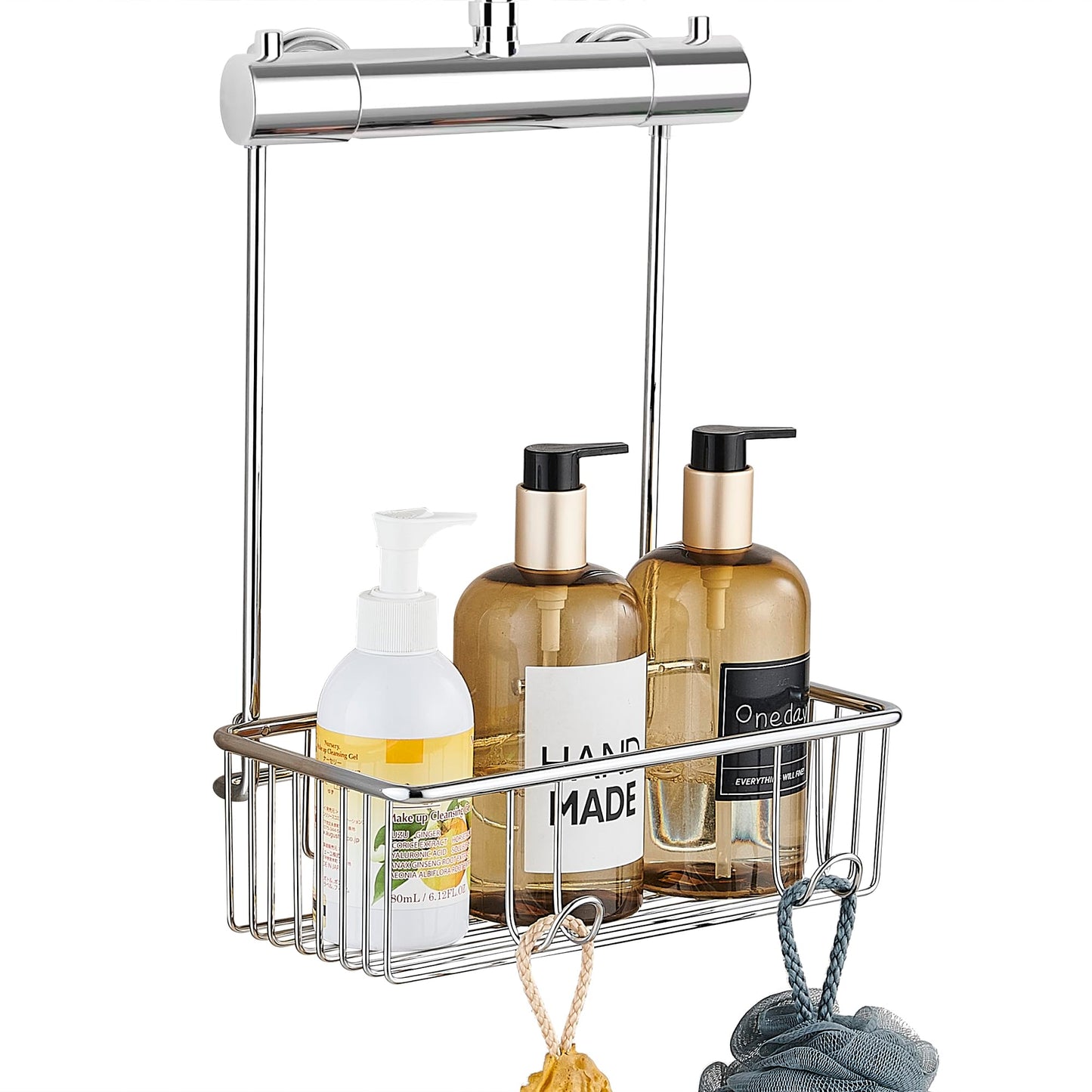 GERUIKE Hanging Shower Caddy Basket No Drilling Bathroom Shelf Over Shower Tap, Easy to Attach Single-Tier Organiser with Hooks