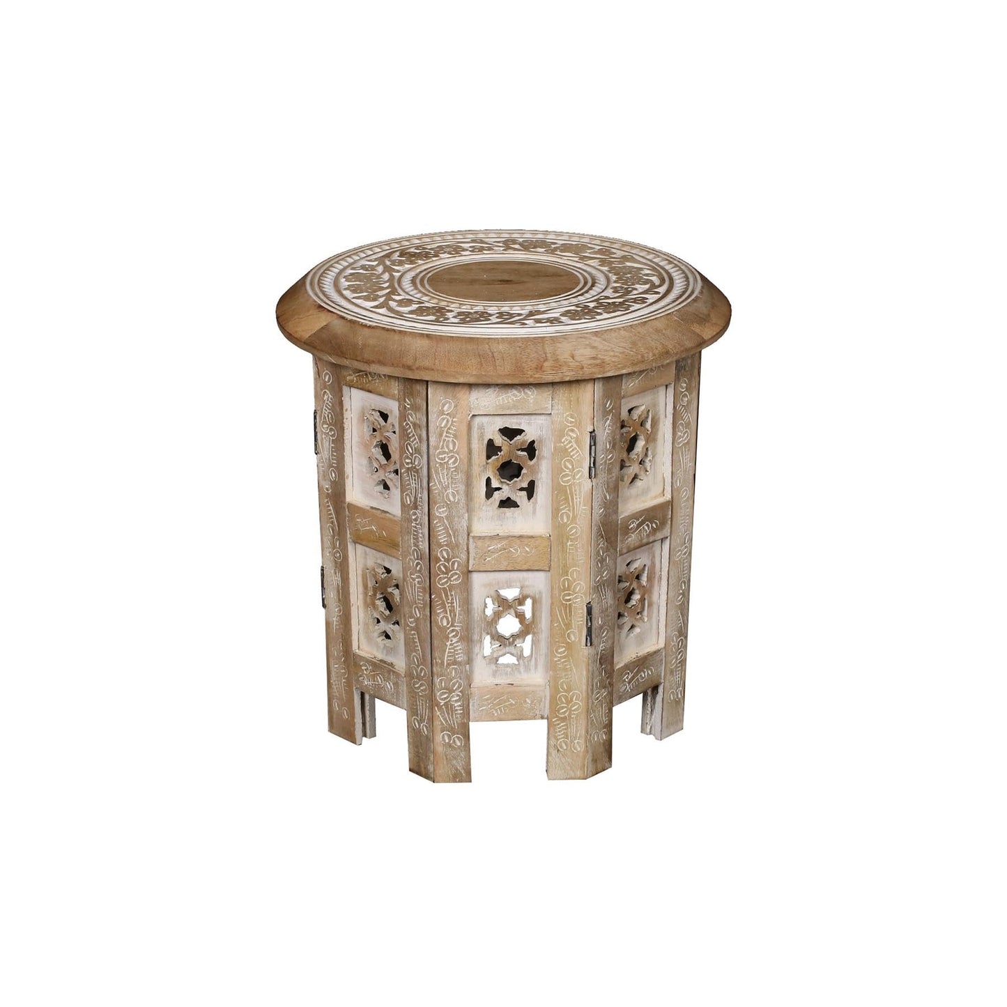 topfurnishing Beautiful Round Hand Carved Indian Shesham Wooden Coffee Table Side Table Beige Small 12"x12"x12" 30.5 cm
